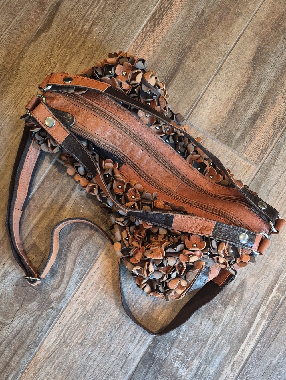 Boho 3D Leather Studded Flower Petal Hobo Crossbody Bag, Double Zipper Closure - Picture 6 of 15